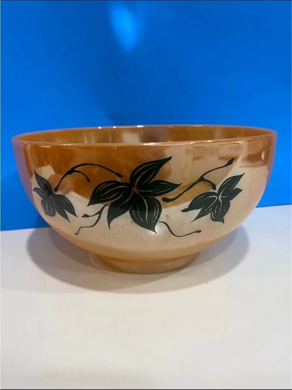 Vintage Fire King Peach Lustre Punch Bowl Black Ivy Leaf Anchor Hocking
